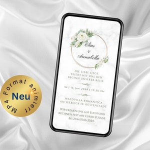 eCard Hochzeit Einladung Boho weiße Rosen, animierte Hochzeitseinladung, digitale Videoeinladung, WhatsApp Einladung Trauung, personalisiert