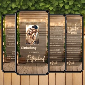 Invitación digital a la despedida de soltera rústica personalizada con una foto y que se puede enviar inmediatamente vía WhatsApp, eCard despedida de soltera con tarjeta de agradecimiento