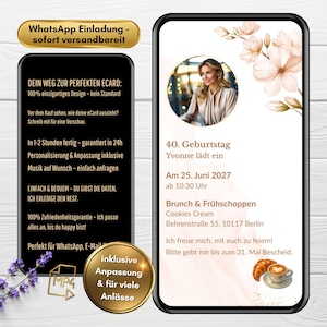Convite WhatsApp Boho Gold com foto | Cartão de convite digital 40 anos mulher | eCard animado Mulher Bege | Convite para brunch