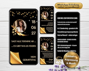 Invitación de cumpleaños de WhatsApp para 18, 20 y 30 años en negro y dorado | Invitación digital con foto | Tarjeta electrónica animada | Tarjeta de invitación para mujeres