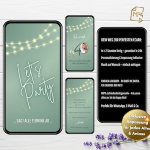 Digitale Geburtstags Party Einladung grün Cocktails, für 20. 30. 40. 50. 60. animierte eCard, WhatsApp Geburtstagseinladung mit Foto