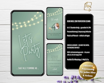 Digital birthday party invitation with green cocktails, for 20th, 30th, 40th, 50th, 60th birthdays. Animated eCard, WhatsApp birthday invitation with photo.