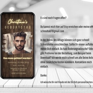May include: A digital birthday invitation with a woodgrain background. The invitation features a photo of a man with a beard and a text overlay that says "Christian's Birthday" and "Das muss gefeiert werden!" The invitation includes details for the event, including the date, time, location, and RSVP information.
