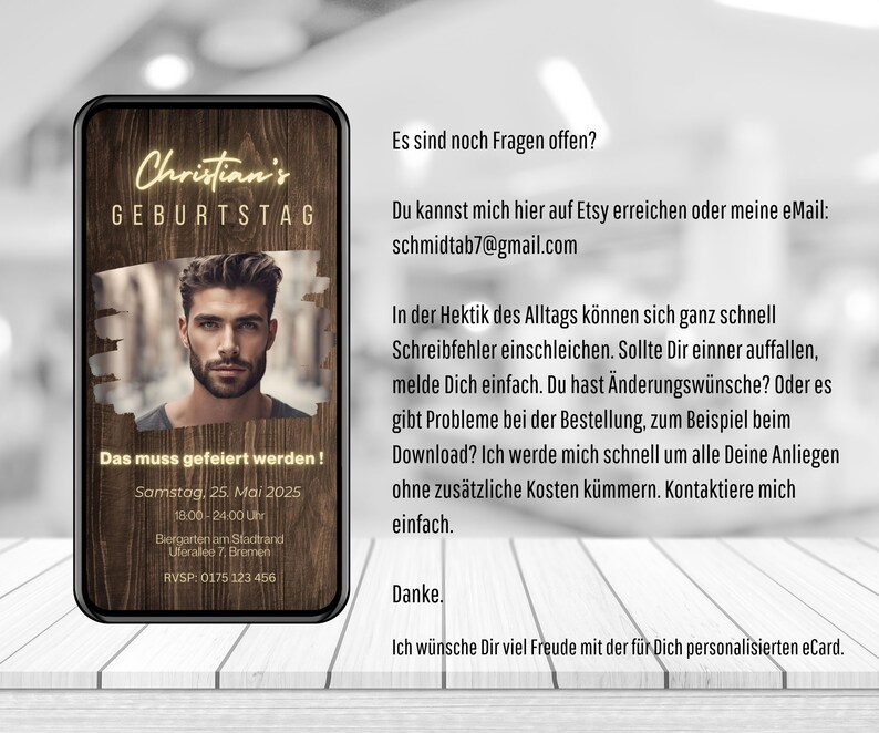 May include: A digital birthday invitation with a woodgrain background. The invitation features a photo of a man with a beard and a text overlay that says "Christian's Birthday" and "Das muss gefeiert werden!" The invitation includes details for the event, including the date, time, location, and RSVP information.