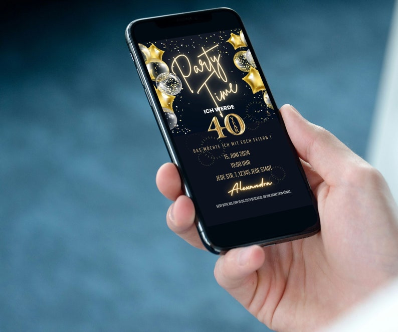 digitale Einladung 40. Geburtstag, Geburtstags Party Einladung, digitale WhatsApp Einladung, animierte Einladungskarte personalisiert Bild 9