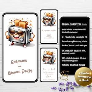 May include: A digital invitation for a brunch party featuring a cartoon toaster with sunglasses and the text "Einladung zur Brunch Party".