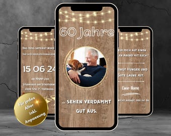 WhatsApp 招待状 60 歳の誕生日、eCard 60 歳の誕生日、パーソナライズされた招待状、アニメーション化された誕生日の招待状、デジタル招待状