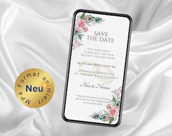 eCard Hochzeit Boho Rosen, Save the Date, digitale Einladung Hochzeit, Vermählung, personalisierte Einladung, animierte Hochzeitseinladung
