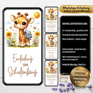 Convite WhatsApp para matrícula escolar girafa com cartão de agradecimento | Convite digital para o início das aulas | eCard animado de volta às aulas | Início moderno para a escola