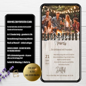 Digital invitation for a rustic barbecue party with fairy lights | WhatsApp invitation for a garden party | eCard for a birthday | Animated summer party invitation