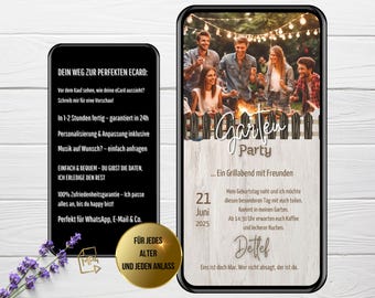 Digital invitation for a rustic barbecue party with fairy lights | WhatsApp invitation for a garden party | eCard for a birthday | Animated summer party invitation