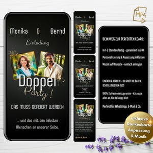 WhatsApp Einladung Doppelgeburtstag, digitale Einladung Doppelparty mit Foto, eCard animiert, personalisiert, mit Dankeskarte & Musik