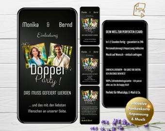 WhatsApp invitation double birthday, digital invitation double party with photo, eCard animated, personalized, with thank you card & music