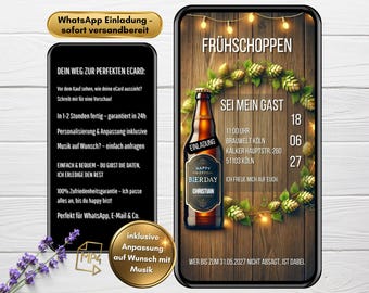 Könnte beinhalten: Eine digitale Einladung zu einer Geburtstagsfeier mit Bierthema. Die Einladung zeigt eine Flasche Bier, einen Holz Hintergrund und den Text "Frühschoppen" und "Sei mein Gast".