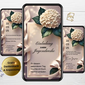 Uitnodiging jeugdwijding digitaal, geanimeerd, WhatsApp-kaart, hortensia-ontwerp, gepersonaliseerd, bloemen, elegant, modern, bedankkaart gratis