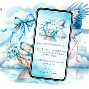 Digitale geboortekaartje jongen babymandje Verzenden via WhatsApp Gepersonaliseerde geboortekaartje eCard Geboorte jongen babykaartje Ooievaar