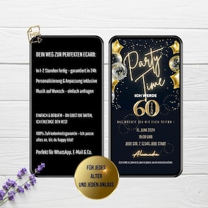 digital invitation 60th birthday Party Time, WhatsApp invitation 60th birthday, animated invitation, eCard 60th birthday personalized