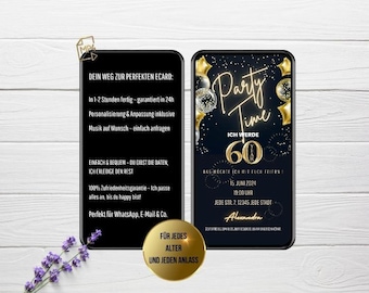 digital invitation 60th birthday Party Time, WhatsApp invitation 60th birthday, animated invitation, eCard 60th birthday personalized