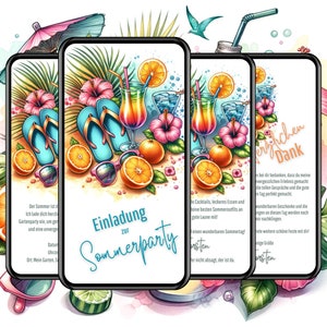 Convite digital para festa de verão personalizado com cartão de agradecimento perfeito para festa no jardim e enviado imediatamente via WhatsApp