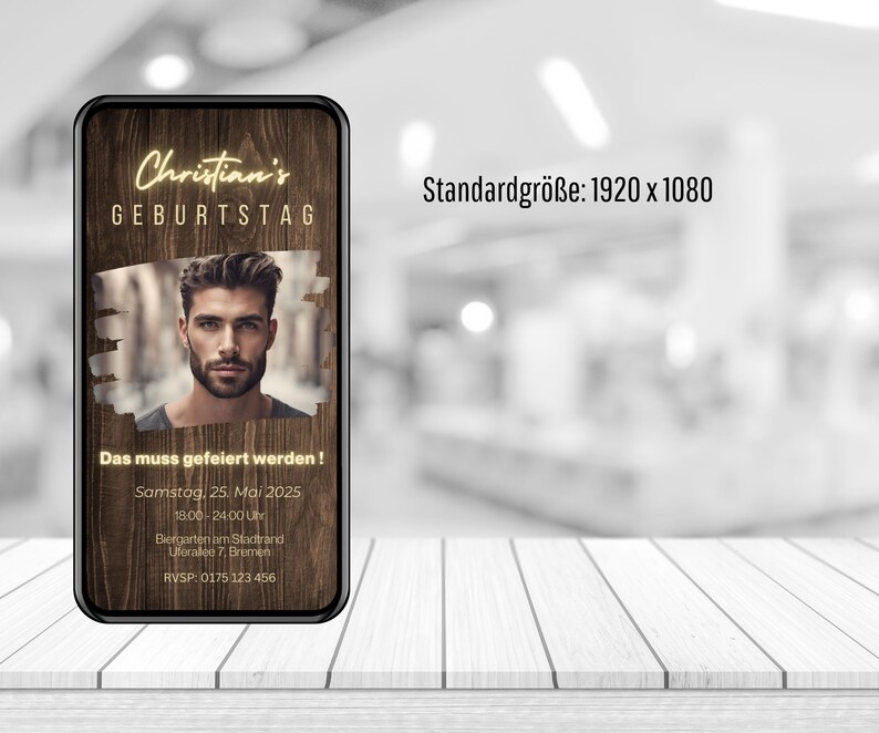 May include: A digital invitation for a birthday party with a woodgrain background. The invitation features a photo of a man with a beard and the text "Christian's Geburtstag" in yellow letters. The text "Das muss gefeiert werden!" is also in yellow letters. The invitation includes the date, time, and location of the party.
