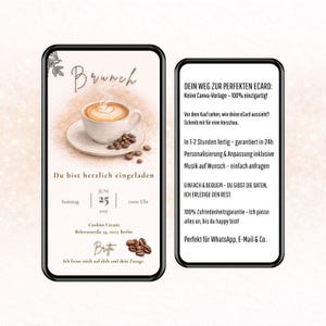 Könnte beinhalten: Digitale Einladung zum Brunch mit einer Kaffeetasse mit Latte Art, Kaffeebohnen und dem Wort "Brunch". Die Einladung enthält Datum, Uhrzeit und Ort: Cookies Cream, Berlin.