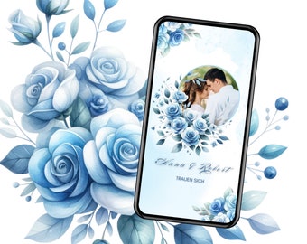 Digitale uitnodiging bruiloft blauwe rozen met foto, gepersonaliseerde e-card bruiloft, geanimeerde uitnodiging verzonden via WhatsApp, bruiloft e-card