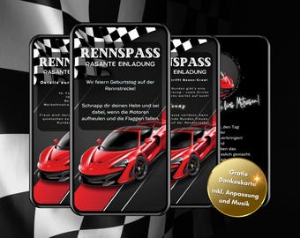 Può includere: Un invito digitale per una festa di compleanno a tema corse. L'invito presenta un'auto sportiva rossa su uno sfondo a scacchi. Il testo dell'invito recita "Rennpass Rasante Einladung" e "Wir feiern Geburtstag auf der Rennstrecke!"