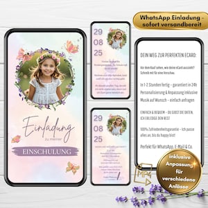 WhatsApp Einladung Einschulung mit Foto Boho Pastell | Digitale Einladungskarte Schulanfang | Animierte eCard personalisiert | Schulkind