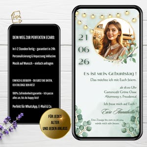 WhatsApp 招待状 ボヘミアン ユーカリ グリーン ゴールド フローラル、写真付きデジタル招待状、e カードアニメーション、パーソナライズ