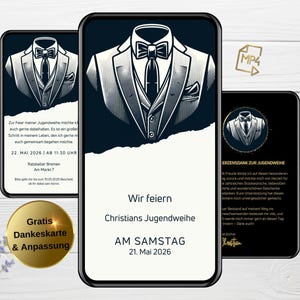 Digital invitation youth consecration suit blue, animated WhatsApp invitation card with photo for boys, confirmation and confirmation modern