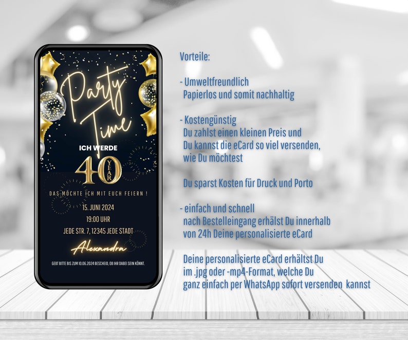 digitale Einladung 40. Geburtstag, Geburtstags Party Einladung, digitale WhatsApp Einladung, animierte Einladungskarte personalisiert Bild 3