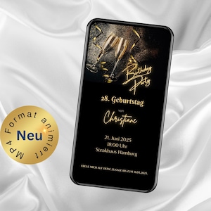 Digitale Einladung Champagner Party, Ideal für WhatsApp, personalisierte Einladungskarte, animierte Geburtstagseinladung, Birthday Party