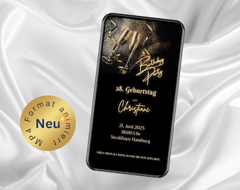 Digital Champagne Party Invitation, Ideal for WhatsApp, Personalized Invitation Card, Animated Birthday Invitation, Birthday Party