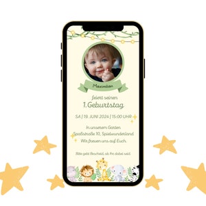 eCard Geanimeerde jungledierensafari 1e kinderverjaardagsfeestje met muziek