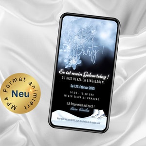eCard Einladung Eislaufparty, WhatsApp Einladung Eislaufen, animierte Einladung Geburtstag, digitale Einladungskarte Schlittschuhlaufen