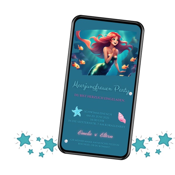 Animated invitation for children's birthday mermaid party, personalized eCard with music, children's birthday girl, WhatsApp invitation