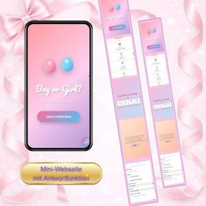 Digitale Einladung Gender Reveal Party RSVP WhatsApp Mini-Webseite Countdown Musik personalisierbar 24h Babyparty Rosa Blau