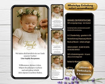 Invitación de bautismo por WhatsApp con foto | Invitación digital moderna | Tarjeta electrónica animada con agradecimiento | Personalizada | Niño/Niña