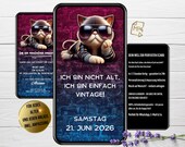 Lustige Einladung Geburtstag Katze digital | Digitale Geburtstagskarte WhatsApp | Coole Geburtstagseinladung | Vintage Einladung
