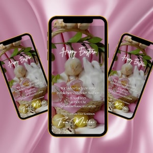 Invito digitale di Pasqua con musica, biglietto Buona Pasqua, invito animato personalizzato, coniglietto pasquale con pulcino, auguri di Pasqua WhatsApp