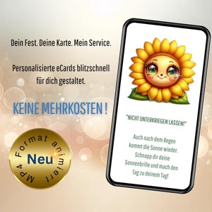 Cartão digital com um girassol alegre e design ensolarado para saudações animadas de eCard e mensagens amigáveis via WhatsApp