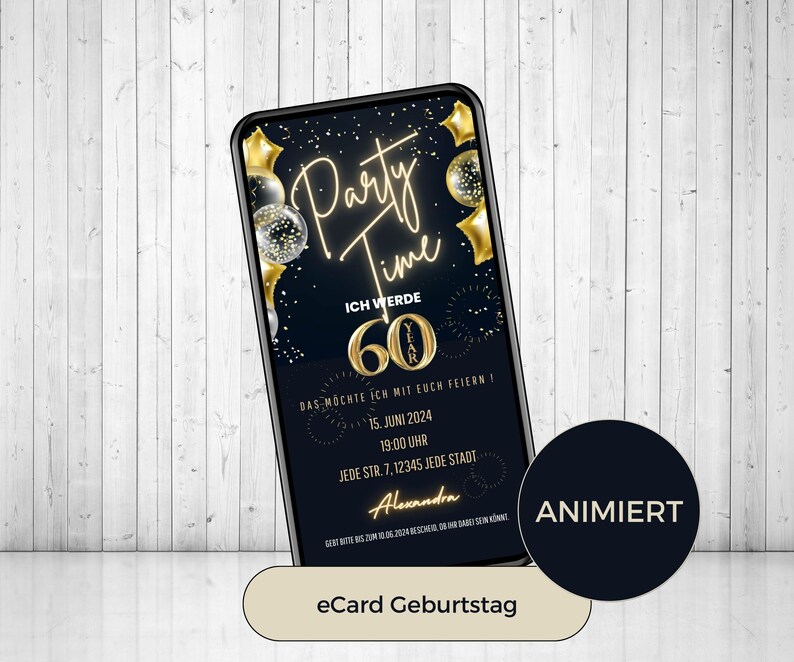 Digitale Einladung 60. Geburtstag Party Time, WhatsApp Einladung 60. Geburtstag, animierte