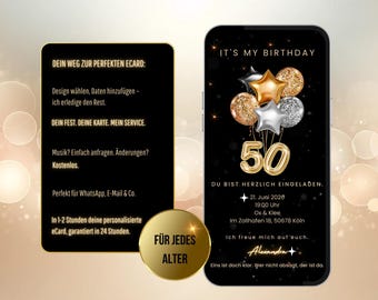 May include: A black smartphone mockup with a gold and silver balloon design. The phone screen displays a birthday invitation with the text "It's My Birthday" and "50". The invitation also includes the date, time, and location of the event. The text "Du bist herzlich eingeladen" is also included.