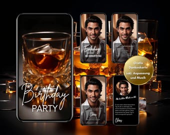 Może przedstawiać: Cztery cyfrowe ekrany telefonów z czarnym tłem. Ekrany wyświetlają zaproszenie na przyjęcie urodzinowe z kieliszkiem whisky i tekstem "Birthday Party". Ekrany wyświetlają również twarz mężczyzny z tekstem "Einladung 40. Geburtstag".