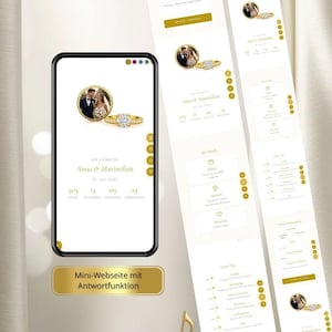 May include: A smartphone displays a wedding website design with the names "Anna & Maximilian" and a countdown. The design features gold accents, a photo of a couple, and a diamond ring. The text "Mini-Webseite mit Antwortfunktion" is also visible.