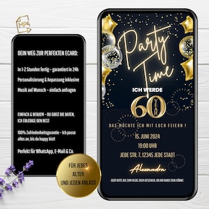 digitale Einladung 60. Geburtstag Party Time, WhatsApp Einladung 60. Geburtstag, animierte Einladung, eCard 60. Geburtstag personalisiert