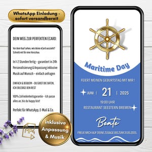 Invitation d'anniversaire WhatsApp maritime avec musique | Carte d'invitation numérique | Carte virtuelle animée personnalisée bleue | Ancre en or pour homme et femme