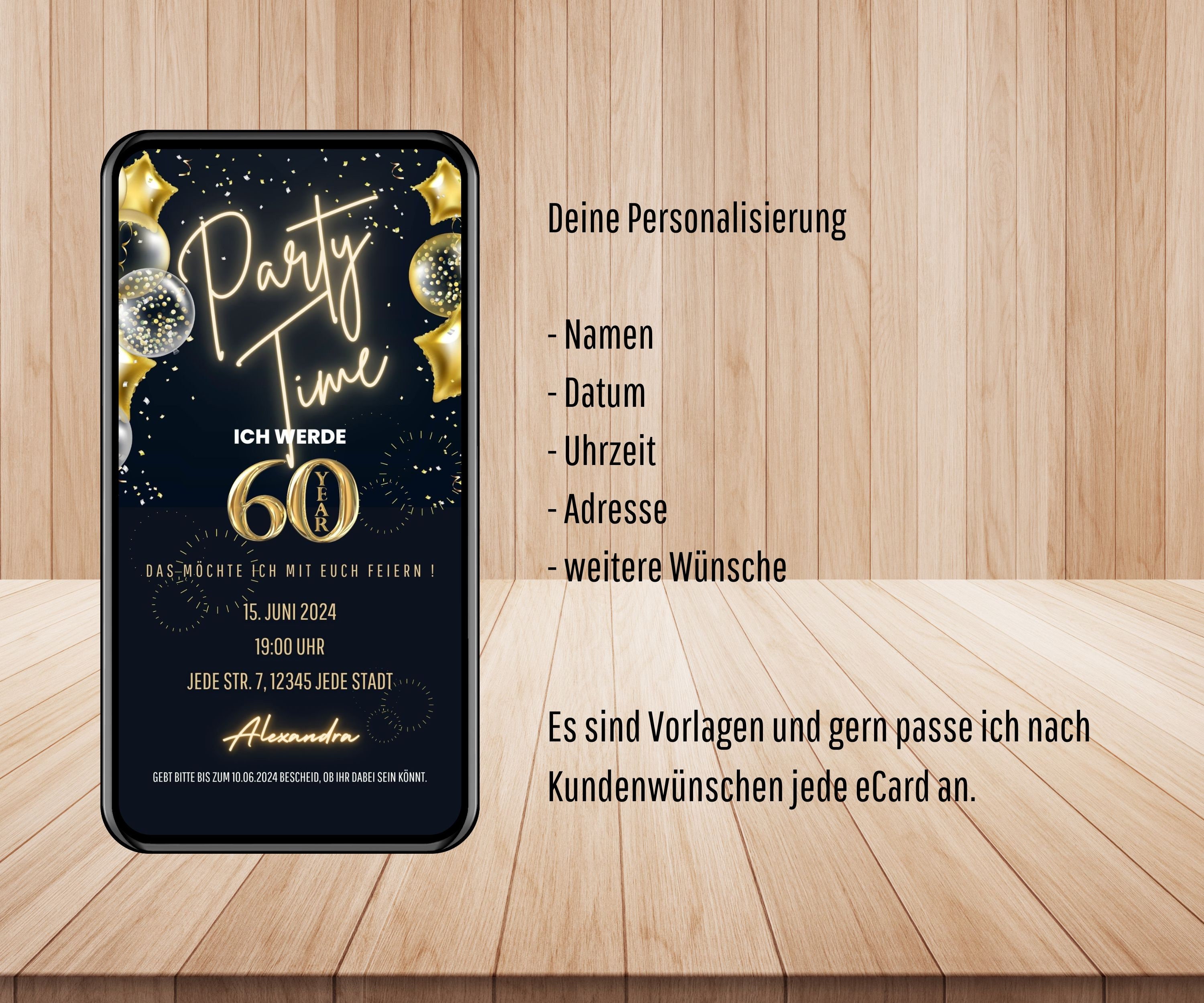 Digitale Einladung 60. Geburtstag Party Time, WhatsApp Einladung 60. Geburtstag, animierte