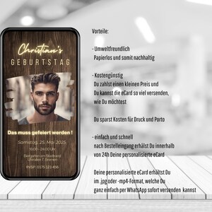 May include: A digital invitation for a birthday party with a wood-grain background. The invitation features a photo of a man, the text "Christian's Birthday", and the text "Das muss gefeiert werden!" (This must be celebrated!). The invitation includes the date, time, and location of the party.