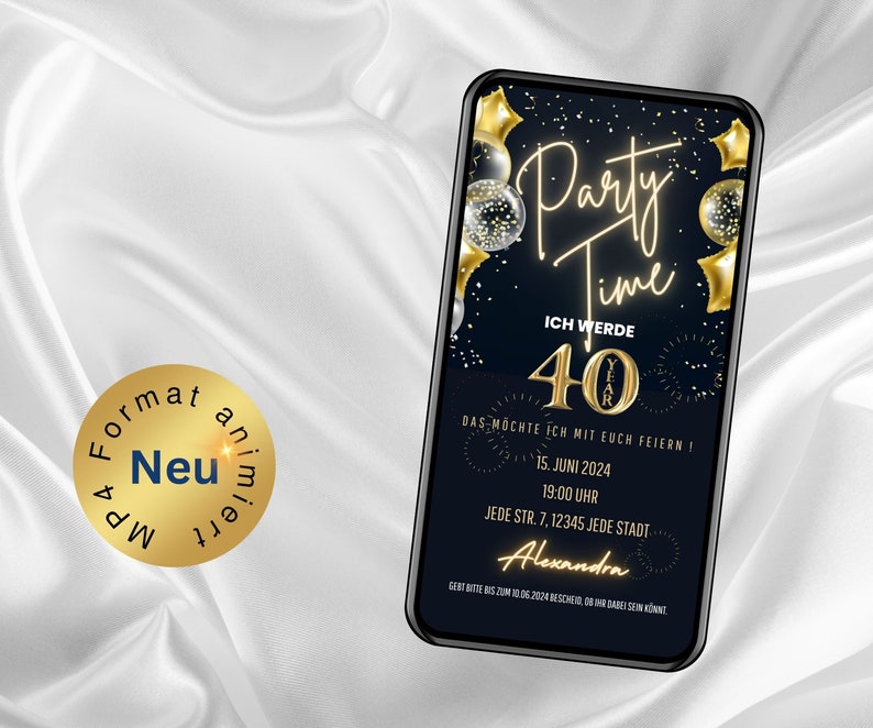 digitale Einladung 40. Geburtstag, Geburtstags Party Einladung, digitale WhatsApp Einladung, animierte Einladungskarte personalisiert Bild 1